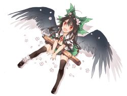 Rule 34 | 1girl, arm cannon, bird wings, black hair, black thighhighs, black wings, bow, fang, flower, full body, hair bow, hair flower, hair ornament, highres, long hair, mary janes, navel, open clothes, open mouth, open shirt, petals, puffy sleeves, red eyes, reiuji utsuho, shirt, shoes, short sleeves, simple background, sitting, skirt, smile, solo, thighhighs, third eye, touhou, toutenkou, weapon, white background, wings, zettai ryouiki