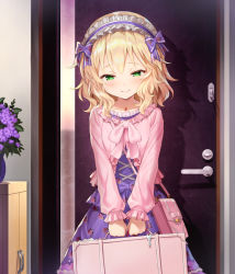 Rule 34 | 1girl, bag, blonde hair, blush, bow, closed mouth, collarbone, commentary request, door, floral print, flower, frilled hairband, frilled sleeves, frills, green eyes, hair bow, hairband, handbag, holding, holding suitcase, idolmaster, idolmaster cinderella girls, indoors, jewelry, key, lolita fashion, lolita hairband, long sleeves, looking at viewer, matanonki, necklace, pink bag, plant, potted plant, purple bow, purple flower, purple skirt, sakurai momoka, short hair, skirt, smile, solo, standing, suitcase, sweet lolita, white hairband