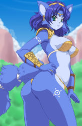 Rule 34 | 1girl, animal ears, armor, ass, blue hair, blue sky, breasts, day, earrings, fox ears, from behind, furry, furry female, green eyes, hand on own hip, jewelry, kihaiu, krystal, large breasts, looking at viewer, looking back, looking to the side, nintendo, no humans, outdoors, pauldrons, short hair, shoulder armor, sky, solo, standing, star fox, tail, vambraces