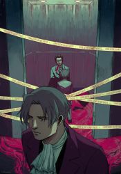 Rule 34 | 2boys, absurdres, ace attorney, ascot, blood, capcom, caution tape, corpse, elevator, father and son, glowing, glowing eyes, gregory edgeworth, gun, highres, male focus, miles edgeworth, multiple boys, parted bangs, pink blood, red eyes, riotbones, solo focus, spoilers, time paradox, weapon