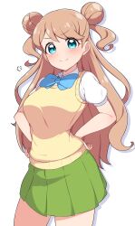 Rule 34 | 1girl, blue bow, blue bowtie, blue eyes, bowtie, breasts, brown hair, closed mouth, contrapposto, cowboy shot, curly hair, double bun, green skirt, hair bun, hands on own hips, kanamori maria, kiratto pri chan, light blush, long hair, looking at viewer, medium breasts, miniskirt, mujin (mujinzairaisen), pleated skirt, pretty series, school uniform, shirt, short sleeves, simple background, skirt, smile, solo, standing, swept bangs, two side up, v-shaped eyebrows, vest, white background, white shirt, yellow vest