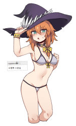 Rule 34 | 1girl, :o, aqua eyes, bare shoulders, bikini, black souls, bow, breasts, choker, cleavage, collarbone, cropped legs, dorothy (black souls), grey bikini, groin, hair between eyes, hair bow, hand on headwear, hat, korean text, long hair, medium breasts, navel, nyong nyong, open mouth, orange hair, purple choker, purple hat, simple background, solo, swimsuit, underboob, white background, witch hat, yellow bow