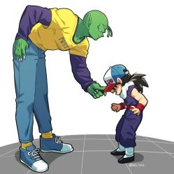Rule 34 | 2boys, black hair, child, colored skin, demon, denim, dougi, dragon ball, dragonball z, fingernails, green skin, hal7040, hand in pocket, hand on own hip, hat, height difference, jeans, leaning forward, long fingernails, long hair, long sleeves, looking at another, male focus, multiple boys, open mouth, pants, piccolo, pointy ears, purple shirt, shadow, shirt, shoes, simple background, size difference, sleeveless, smile, socks, son gohan, standing, twitter username, white background, wristband, yellow shirt