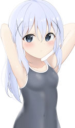 Rule 34 | 1girl, absurdres, armpits, arms behind head, arms up, blue eyes, blue hair, blue one-piece swimsuit, blush, breasts, covered navel, gochuumon wa usagi desu ka?, hair ornament, hairclip, highres, k12040707, kafuu chino, long hair, one-piece swimsuit, school swimsuit, simple background, small breasts, solo, swimsuit, upper body, white background