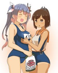 Rule 34 | &gt;:&lt;, 10s, 2girls, :&lt;, :d, bag, bare shoulders, blue hair, blue one-piece swimsuit, blush, breast envy, breasts, brown eyes, brown hair, capriccyo, closed eyes, closed mouth, covered navel, fang, food, grabbing, grabbing another&#039;s breast, gradient hair, hair ornament, hair ribbon, hairclip, headgear, height difference, highres, holding, holding bag, i-19 (kancolle), i-401 (kancolle), kantai collection, large breasts, long hair, marshmallow, multicolored hair, multiple girls, name tag, one-piece swimsuit, open mouth, pink hair, ponytail, ribbon, sailor collar, school swimsuit, school uniform, short ponytail, small breasts, smile, swimsuit, swimsuit under clothes, tan, tanline, tri tails, triangle mouth, twintails, v-shaped eyebrows