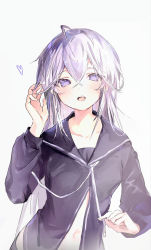 Rule 34 | 1girl, absurdres, blush, breasts, collarbone, hair between eyes, hand up, heart, highres, irohatomo, light purple hair, long hair, long sleeves, looking at viewer, navel, open mouth, original, purple eyes, simple background, small breasts, solo, upper body, very long hair, white background