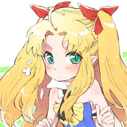 Rule 34 | 1girl, astarotte ygvar, backless dress, backless outfit, bad id, bad pixiv id, blonde hair, blush, detached collar, dress, green eyes, long hair, lotte no omocha!, mutou mato, pointy ears, solo, twintails, two side up