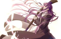 Rule 34 | 1girl, black coat, coat, cowboy shot, dress, fern (sousou no frieren), floating hair, from side, hair ornament, half updo, hands up, highres, holding, holding staff, korean commentary, long hair, long sleeves, looking up, mungg kki, profile, purple hair, simple background, solo, sousou no frieren, staff, straight hair, white background, white dress, wind