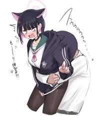 Rule 34 | 1boy, 1girl, absurdres, anger vein, animal ears, black choker, black hair, blue archive, cat ears, choker, clothes pull, colored inner hair, fang, halo, head under another&#039;s clothes, highres, hood, hooded jacket, hug, hug from behind, jacket, kazusa (blue archive), multicolored hair, pantyhose, pink hair, reinama, sailor collar, sensei (blue archive), skirt, skirt pull, smelling, under another&#039;s clothes, white background