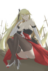 Rule 34 | 1girl, absurdres, arm support, bad id, bad pixiv id, bakemonogatari, black thighhighs, blonde hair, breasts, crossed legs, dress, elbow gloves, expressionless, gloves, hand to own mouth, high heels, highres, huge breasts, kiss-shot acerola-orion heart-under-blade, lipstick, long dress, long hair, looking at viewer, makeup, mikakuwa, monogatari (series), off shoulder, aged up, oshino shinobu, panties, pantyshot, red dress, sitting, solo, thighhighs, thighs, underwear, very long hair, yellow eyes