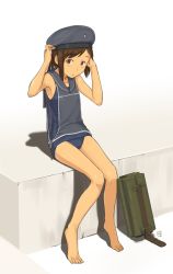 Rule 34 | 10s, 1girl, adapted costume, alternate hair length, alternate hairstyle, bare legs, bare shoulders, barefoot, brown eyes, brown hair, dark-skinned female, dark skin, full body, hat, i-401 (kancolle), kantai collection, kawashina (momen silicon), looking at viewer, machinery, one-piece swimsuit, sailor collar, sailor hat, school swimsuit, simple background, sitting, solo, swimsuit, swimsuit under clothes, white background