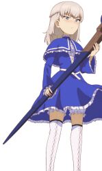 Rule 34 | 1girl, bloomers, blue capelet, blue dress, blue eyes, blush, boots, braid, capelet, closed mouth, commentary, cosplay, crown braid, dress, frilled capelet, frilled dress, frilled sleeves, frills, frown, girls und panzer, grey hair, holding, holding staff, itsumi erika, kayabakoro, lawine (sousou no frieren), lawine (sousou no frieren) (cosplay), long sleeves, looking to the side, medium hair, simple background, solo, sousou no frieren, staff, standing, sweatdrop, thigh boots, underwear, white background, white bloomers, white footwear