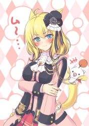 Rule 34 | +++, 1girl, animal ears, argyle, argyle background, argyle clothes, bad id, bad pixiv id, blonde hair, blue eyes, blush, bow, cat ears, cat tail, facial mark, final fantasy, final fantasy xiv, frown, green eyes, hair bow, hat, heterochromia, highres, long sleeves, looking at viewer, mini hat, mini top hat, miqo&#039;te, moogle, mutsuba fumi, pout, solo, tail, top hat, whisker markings