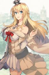 Rule 34 | 1girl, blonde hair, blue eyes, blush, braid, breasts, cleavage, cowboy shot, crown, dress, flower, french braid, hair between eyes, highres, jewelry, kantai collection, kasumi (skchkko), large breasts, long hair, long sleeves, looking at viewer, mini crown, necklace, off-shoulder dress, off shoulder, open mouth, red flower, red ribbon, red rose, ribbon, rose, smile, solo, warspite (kancolle), white dress
