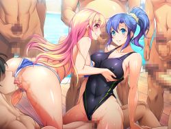 Rule 34 | 2girls, ajishio, anus, ass, bikini, bisexual, bisexual female, blonde hair, blue eyes, blue hair, blush, grabbing another&#039;s breast, breasts, censored, cleavage, clothed female nude male, clothing aside, competition swimsuit, covered erect nipples, cowboy shot, cunnilingus, embarrassed, game cg, girl on top, grabbing, groin, group sex, censored, kagurazaka sakura, large breasts, legs, long hair, mosaic censoring, multiple boys, multiple girls, nude, one-piece swimsuit, oral, original, penis, pool, pussy, red eyes, sakogawa yuuki, sex, standing, swimsuit, swimsuit aside, thighs, vaginal, venus resort kyonyuu rankou island, water
