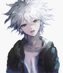 Rule 34 | 1boy, a po (liuxiaobo0413), collarbone, commentary, danganronpa (series), danganronpa 2: goodbye despair, green jacket, grey hair, hair between eyes, hood, hood down, hooded jacket, jacket, komaeda nagito, looking at viewer, male focus, messy hair, open clothes, open jacket, open mouth, shirt, simple background, sketch, solo, symbol-only commentary, teeth, upper body, upper teeth only, white background, white hair, white shirt