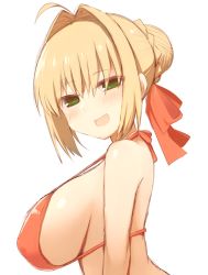 Rule 34 | 1girl, ahoge, bikini, blonde hair, blush, bow, breasts, fate/stay night, fate (series), green eyes, hair bow, hair intakes, hair ornament, half-closed eyes, kujiran, large breasts, nero claudius (fate), nero claudius (fate) (all), nero claudius (fate/extra), red bikini, sideboob, sidelocks, simple background, smile, solo, swimsuit, white background