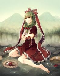 Rule 34 | 1girl, arm ribbon, barefoot, basket, bow, commentary request, crossed arms, dress, forest, frills, front ponytail, full body, green eyes, green hair, hair bow, hair ribbon, hina ningyou, in water, kaede (mmkeyy), kagiyama hina, looking at viewer, name connection, nature, object namesake, outdoors, red bow, red dress, ribbon, rock, sitting, sitting on water, solo, touhou, wariza