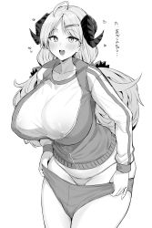 Rule 34 | 1girl, absurdres, blue archive, blush, breasts, buruma, buruma pull, clothes pull, collarbone, covered erect nipples, cowboy shot, greyscale, hair ornament, hairclip, highres, horns, hotate-chan, huge breasts, izumi (blue archive), jacket, long hair, long sleeves, looking at viewer, monochrome, open clothes, panties, partially unzipped, shirt, smile, solo, thick thighs, thighs, translation request, underwear