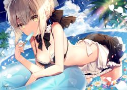 Rule 34 | 1girl, artoria pendragon (all), artoria pendragon (alter swimsuit rider) (fate), artoria pendragon (alter swimsuit rider) (second ascension) (fate), artoria pendragon (fate), bikini, black bikini, blonde hair, blue sky, breasts, butt crack, cleavage, cloud, day, fate/grand order, fate (series), flower, food, looking at viewer, maid, maid bikini, maid headdress, medium breasts, necomi, ocean, palm tree, partially submerged, petals, popsicle, saber alter, short hair, sidelocks, signature, sky, solo, swimsuit, tree, unconventional maid, yellow eyes
