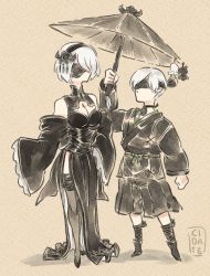Rule 34 | 1boy, 1girl, adapted costume, black blindfold, black footwear, black thighhighs, blindfold, breasts, cidate, cleavage, detached sleeves, full body, hairband, holding, holding umbrella, long sleeves, nier (series), nier:automata, no mouth, ookami (game), parody, shadow, shoes, short hair, sleeves past fingers, sleeves past wrists, standing, style parody, thighhighs, umbrella, white hair, wide sleeves, 2b (nier:automata), 9s (nier:automata)