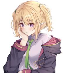 Rule 34 | 1girl, absurdres, blonde hair, chloe (princess connect!), green necktie, hand on own cheek, hand on own face, highres, jacket, kaedemaru, looking at viewer, necktie, open clothes, open jacket, pointy ears, princess connect!, purple eyes, shirt, simple background, smile, solo, split mouth, twintails, white background