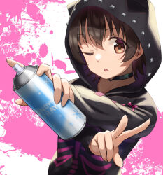 1girl absurdres akagi_miria black_choker black_hair black_hoodie bone_print brown_eyes choker highres hood hoodie idolmaster idolmaster_cinderella_girls looking_at_viewer one_eye_closed open_mouth short_hair solo spray_can tsunenorip two-tone_background upper_body v