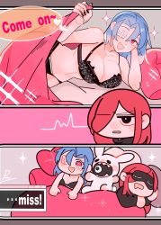 Rule 34 | 2girls, 3koma, absurdres, bed, blanket, blue hair, blush, breasts, cleavage, collarbone, comic, english text, eyepatch, hair over one eye, heart, highres, large breasts, lying, multiple girls, on side, open mouth, parasoul (skullgirls), pillow, pow3776, red eyes, sagan (skullgirls), sexually suggestive, skullgirls, sleep mask, smile, sparkle, speech bubble, stuffed toy, teardrop, underwear, underwear only, valentine (skullgirls), yuri