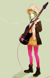 Rule 34 | 1girl, bad id, bad pixiv id, boots, cable, female focus, full body, fur hat, green eyes, green hair, guitar, gumi, hat, instrument, legs, matching hair/eyes, pantyhose, pink pantyhose, roku (hikokeng), short hair, simple background, smile, solo, standing, vocaloid