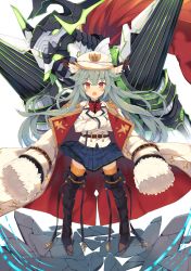 Rule 34 | 1girl, animal ear fluff, belt, black shirt, blue skirt, blush, boots, bow, bowtie, brown eyes, chestnut mouth, coat, collared shirt, crossed arms, epaulettes, grey hair, hair between eyes, hair flaps, hat, highres, jacket, jacket on shoulders, legs apart, long coat, mecha, military, military hat, military uniform, nibiiro shizuka, open mouth, orange thighhighs, original, overcoat, pleated skirt, red bow, red bowtie, robot, shirt, simple background, skirt, solo, standing, teeth, thigh boots, thighhighs, uniform, white background, white jacket, wind, wind lift