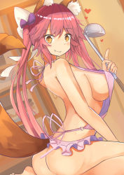 Rule 34 | 1girl, animal ears, apron, ass, blush, breasts, fang, fate/grand order, fate (series), fox ears, fox tail, hair ribbon, heart, highres, large breasts, long hair, looking at viewer, naked apron, open mouth, pink hair, ribbon, sideboob, sitting, smile, solo, tail, tamamo (fate), tamamo no mae (fate/extra), valentine, xly 97, yellow eyes