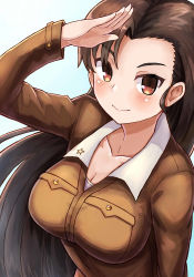 Rule 34 | 10s, 1girl, absurdres, blush, breasts, brown eyes, brown hair, chi-hatan military uniform, cleavage, collarbone, girls und panzer, highres, large breasts, long hair, looking at viewer, looking up, nishi kinuyo, okitsugu, salute, smile, solo, upper body, very long hair