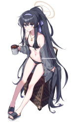 Rule 34 | 1girl, arm support, bandaid, bandaid on foot, bare shoulders, bikini, black bikini, blue archive, blue eyes, blue ribbon, blush, cardigan, closed mouth, crossed bangs, cup, full body, grey cardigan, hair ribbon, halo, hand up, highres, holding, holding cup, ice, ice cube, jewelry, kuroninsensei, leaning on object, long hair, long sleeves, looking at viewer, navel, necklace, no socks, official alternate costume, official alternate hairstyle, open cardigan, open clothes, pendant, ponytail, ribbon, rolling suitcase, sandals, sidelocks, simple background, sleeves past wrists, smile, solo, stomach, suitcase, swimsuit, twitter username, ui (blue archive), ui (swimsuit) (blue archive), very long hair, white background