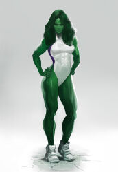 Rule 34 | 1girl, abs, absurdres, artist request, bare arms, bare legs, bare shoulders, breasts, colored skin, full body, green hair, green skin, hands on own hips, highres, large breasts, leotard, lips, long hair, looking at viewer, marvel, muscular, muscular female, serious, she-hulk, shoes, simple background, sneakers, solo