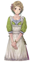 1girl apron atelier_(series) atelier_totori brown_eyes brown_hair dress female_focus hair_ornament hairpin highres jewelry key kishida_mel official_art ring short_hair smile solo tiffani_hildebrand v_arms white_background