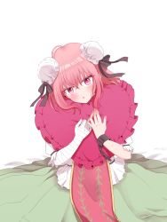 Rule 34 | 1girl, absurdres, ahoge, bandaged arm, bandages, bun cover, commentary request, cuffs, double bun, green skirt, hair bun, heart, heart-shaped pillow, highres, ibaraki kasen, looking at viewer, pillow, pink eyes, pink hair, shackles, shirt, short hair, shouko (airen), simple background, skirt, solo, tabard, touhou, white background, white shirt