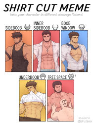 Rule 34 | 4boys, ^ ^, abs, absurdres, artist self-insert, bara, bare pectorals, bare shoulders, beard, between pecs, between pectorals, black tank top, blue male underwear, blush, brown hair, brown pants, character request, chest hair, closed eyes, clothes lift, cross, cross necklace, dark-skinned male, dark skin, dungeon and fighter, edging underwear, face to pecs, facial hair, grabbing, head between pecs, headband, highres, jewelry, kulolin, large pectorals, lifted by self, long sideburns, male focus, male priest (dungeon and fighter), male underwear, male underwear peek, mature male, meme, mouth hold, multiple boys, multiple drawing challenge, muscular, muscular male, necklace, necktie, nipple slip, nipples, open clothes, open shirt, original, pants, pectoral cleavage, pectoral grab, pectorals, shirt cut meme, shirt lift, short hair, sideburns, sidepec, sleeveless, smile, stomach, sweat, tank top, underwear, undone necktie