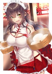 Rule 34 | 1girl, :d, alternate costume, bamboo steamer, baozi, bare shoulders, blush, breasts, brown hair, chinese clothes, cleavage, double bun, enmaided, food, frills, hair between eyes, highres, long hair, looking at viewer, maid, onineko-chan, open mouth, original, qi maid, skirt, smile, solo, sweat, teeth, yellow eyes