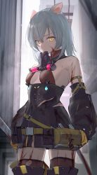 Rule 34 | 1girl, alley, arknights, backlighting, bare shoulders, belt, belt pouch, black dress, blood, blood on face, boots, breasts, brown thighhighs, cleavage, closed mouth, cowboy shot, detached sleeves, dress, gloves, highres, jfjf, long sleeves, looking at viewer, outdoors, pouch, scavenger (arknights), short dress, short hair, silver hair, small breasts, solo, thighhighs, thighhighs under boots, torn clothes, torn dress, v-shaped eyebrows, yellow eyes, yellow gloves, zettai ryouiki