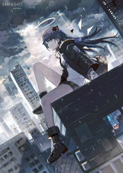 Rule 34 | 1girl, arknights, arm support, bad id, bad pixiv id, bare legs, bird, black footwear, black jacket, black shorts, blue eyes, blue hair, boots, building, character name, chromatic aberration, cloud, cloudy sky, copyright name, cross-laced footwear, dutch angle, full body, fur-trimmed jacket, fur trim, halo, hood, hood down, hooded jacket, horns, jacket, knee up, light rays, light smile, lococo:p, long hair, looking at viewer, md5 mismatch, mostima (arknights), on roof, rain, resolution mismatch, shirt, shorts, sitting, sitting on roof, sky, solo, source larger, sunbeam, sunlight, white shirt