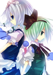 2girls bad_id bad_pixiv_id female_focus izayoi_sakuya konpaku_youmu kusa kusada_souta multiple_girls profile ribbon short_hair touhou