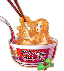 Rule 34 | 1girl, bad id, bad pixiv id, blonde hair, blue eyes, bowl, censored, chopsticks, convenient censoring, cup, cup ramen, food, grabbing another&#039;s hair, hair over breasts, in bowl, in container, in cup, in food, long hair, mini person, minigirl, noodles, nude, open mouth, original, otaku, personification, qinni, ramen, recursion, solo, very long hair