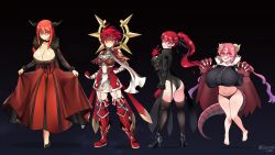 4girls absurdres ass boots breasts cape cleavage color_connection crossover dragon_girl dragon_horns dragon_tail dress fire_emblem fire_emblem_fates fire_emblem_heroes from_behind gloves hair_color_connection highres hinoka_(fire_emblem) horns huge_breasts ilulu_(maidragon) jarckius kobayashi-san_chi_no_maidragon large_breasts leotard long_hair looking_at_viewer looking_back maou_(maoyuu) maoyuu_maou_yuusha megami_tensei multiple_girls nintendo persona persona_5 persona_5_the_royal ponytail red_eyes red_hair scarf short_dress short_hair sideboob skirt smile tail thick_thighs thighhighs thighs wings yoshizawa_kasumi