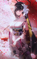 Rule 34 | 1girl, absurdres, alternate costume, black hair, blue archive, blunt bangs, breasts, bright pupils, cherry blossoms, closed mouth, falling petals, floral print, flower, hair flower, hair ornament, hairclip, halo, highres, hime cut, holding, holding umbrella, japanese clothes, kimono, kinchaku, large breasts, light blush, long hair, long sleeves, obi, obiage, obijime, oil-paper umbrella, orchid, outdoors, petals, pink kimono, pouch, red eyes, rio (blue archive), sash, smile, solo, straight hair, umbrella, very long hair, wakum, white pupils, wide sleeves