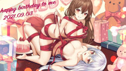 Rule 34 | 2girls, absurdres, barefoot, bound, breasts, brown hair, cake, cleavage, food, gift, girl on top, highres, huge filesize, large breasts, lillly, looking at viewer, lying, multiple girls, naked ribbon, naughty face, nude, on back, original, red eyes, restrained, ribbon, ribbon bondage, smile, stuffed animal, stuffed toy, teddy bear, white hair, wrapped up