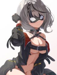 Rule 34 | 1girl, belt, belt buckle, black belt, black coat, black gloves, bottomless, braid, breasts, buckle, chest belt, cleavage, closed mouth, coat, collar, covered eyes, facing viewer, fingerless gloves, gloves, grey hair, groin, hair ornament, hand in own hair, hand up, highres, hololive, large breasts, long sleeves, multicolored hair, narushi sasu, navel, no bra, no shirt, off shoulder, open clothes, sakamata chloe, sakamata chloe (1st costume), short hair, simple background, single braid, sitting, sleep mask, solo, streaked hair, upper body, virtual youtuber, white background, x hair ornament