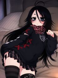 Rule 34 | 1girl, ahoge, antenna hair, bed, black hair, blue eyes, blush, closed mouth, eyeliner, flat chest, hair between eyes, long hair, long sleeves, looking at viewer, lying, makeup, miniskirt, on bed, original, pillow, plaid, plaid skirt, pleated skirt, scarf, short eyebrows, skirt, smile, solo, striped clothes, striped thighhighs, thigh strap, thighhighs, umaway, zettai ryouiki