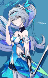 Rule 34 | 19c (user aevy3587), 1girl, absurdres, blue background, bronya zaychik, bronya zaychik (herrscher of reason), character name, curly hair, dress, grey eyes, grey hair, halo, high ponytail, highres, holding, holding sword, holding weapon, honkai (series), honkai impact 3rd, multicolored eyes, official alternate costume, official alternate hairstyle, parted lips, red eyes, solo, sword, teeth, weapon