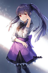 Rule 34 | 1girl, artist name, asagami fujino, asagami fujino (second ascension), black bow, black bowtie, black pantyhose, blunt bangs, bow, bowtie, closed mouth, covering one eye, expressionless, feet out of frame, grey shirt, hand up, kara no kyoukai, layered skirt, light, light particles, long hair, pantyhose, ponytail, purple hair, purple skirt, red eyes, roang, shirt, sidelocks, skirt, sleeves rolled up, solo, standing