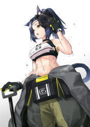 Rule 34 | 1girl, arknights, bare shoulders, bkko, black gloves, blue hair, blush, breasts, cat, cat tail, commentary, gloves, green eyes, highres, holding, jessica (arknights), jessica (iron block) (arknights), large breasts, navel, official alternate costume, open mouth, short hair, simple background, solo, tail, two-tone gloves, white background, yellow gloves